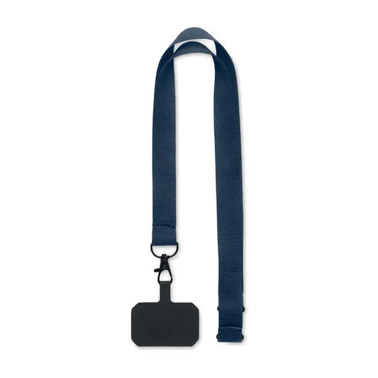 Snur pentru suport telefon din polyester impletit navy blue cu clips negru si suport dreptunghiular pentru badge