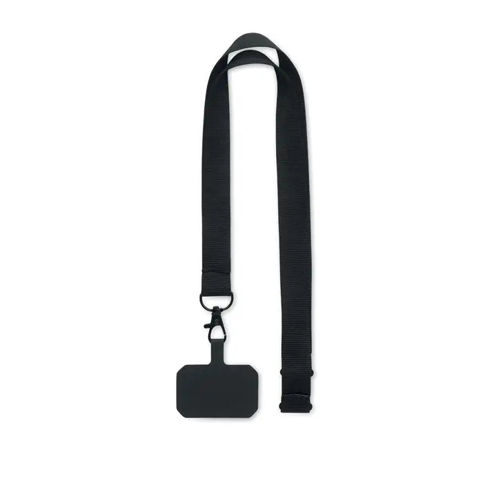 Snur pentru suport telefon negru din nylon cu eticheta dreptunghiulara si clips metalic pentru telefon