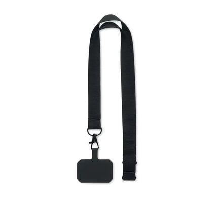 Snur pentru suport telefon negru din nylon cu eticheta dreptunghiulara si clips metalic pentru telefon