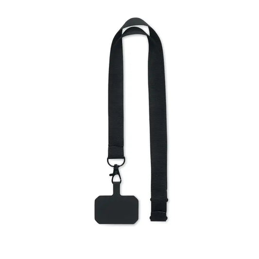 Snur pentru suport telefon negru din nylon cu eticheta dreptunghiulara si clips metalic pentru telefon