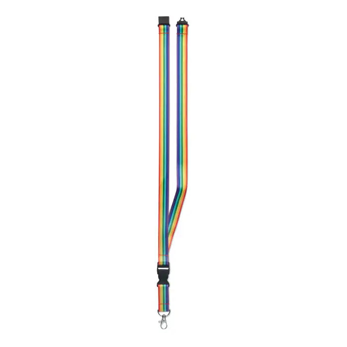 Lanyard snur rainbow rpet cu dungi curcubeu, capete negre din plastic si clema metalica argintie