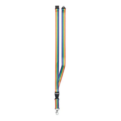 Lanyard snur rainbow rpet cu dungi curcubeu, capete negre din plastic si clema metalica argintie