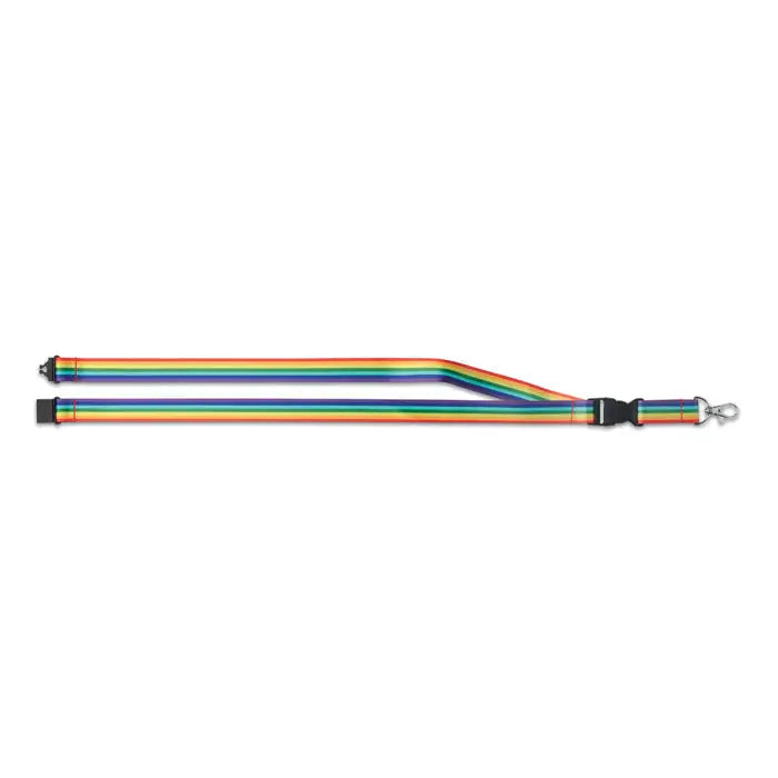 Lanyard snur rainbow rpet cu dungi curcubeu, capete din plastic negru si catarama metalica