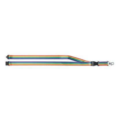 Lanyard snur rainbow rpet cu dungi curcubeu, capete din plastic negru si catarama metalica