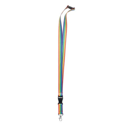 Lanyard snur rainbow rpet cu dungi curcubeu, clips negru din plastic si carlig metalic argintiu