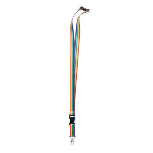 Lanyard snur rainbow rpet cu dungi curcubeu, clips negru din plastic si carlig metalic argintiu