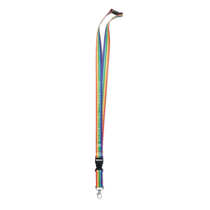 Lanyard snur rainbow rpet cu dungi curcubeu si text advertising convention si clips negru din plastic