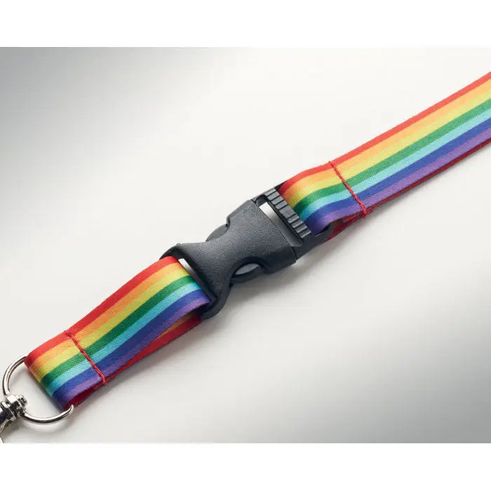 Lanyard snur rainbow rpet din material rpet cu dungi curcubeu, cataramă neagră din plastic și inel metalic argintiu