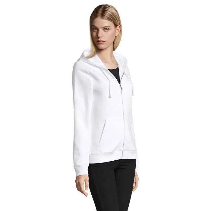 Hanorac soldata spike women zip gluga alb cu material moale si cusaturi subtile pentru confort zilnic