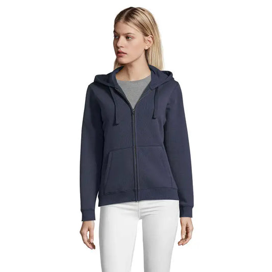 Hanorac albastru închis soldata spike women zip gluga cu fermoar din material texturat și buzunare frontale