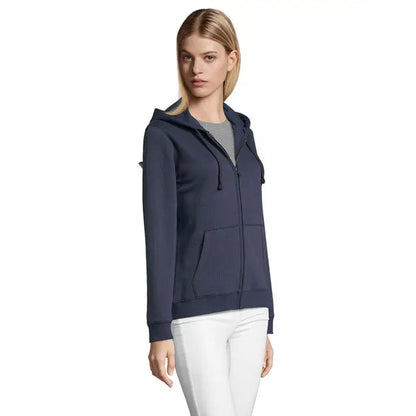 Hanorac zip gluga soldata spike women navy albastru cu textura ribbed si buzunar frontal