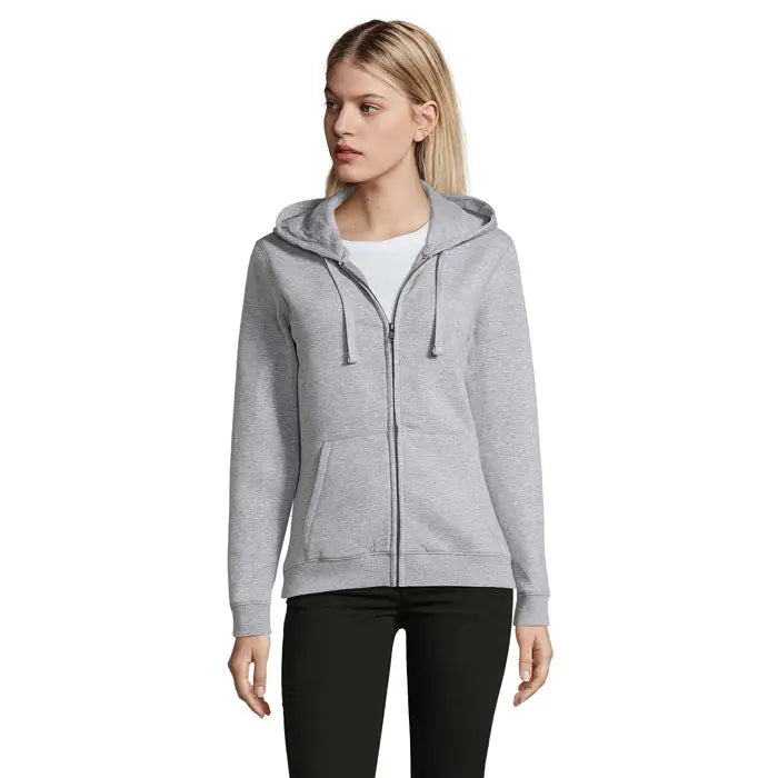 Hanorac gri heathered soldata spike women zip gluga cu fermoar, buzunare frontale si gluga cu snur
