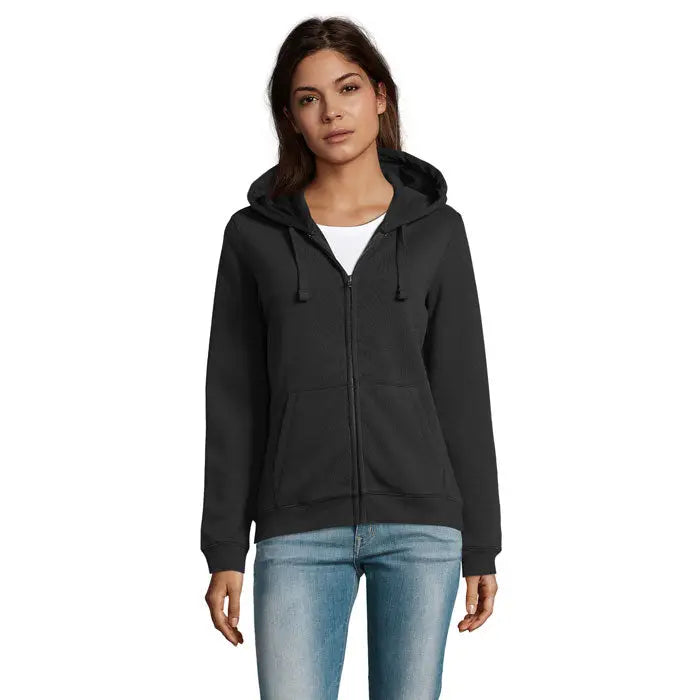 Hanorac negru cu fermoar soldata spike women zip gluga cu gluga cu snur si buzunare frontale