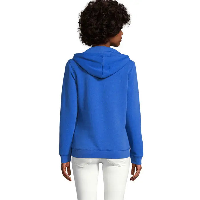 Hanorac zip cu gluga soldata spike pentru femei albastru regal cu textura fleece moale si maneci cu manșete striate