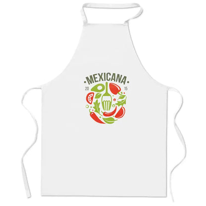 Sort de bucatarie din bumbac alb cu design circular colorat si ilustratii mexicane de ardei rosii si verde