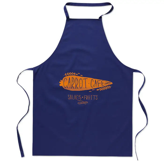 Sort de bucatarie din bumbac albastru inchis cu logo portocaliu morcov si textul carrot cafe si salads fruits