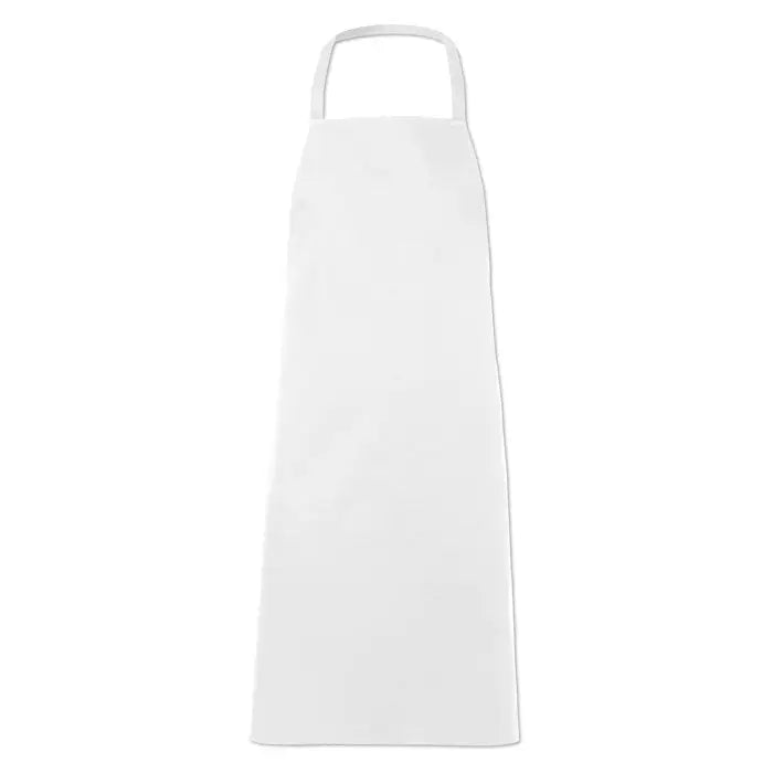 Sort de bucatarie din bumbac alb simplu cu bucla la gat fara buzunare sau ornamente visible