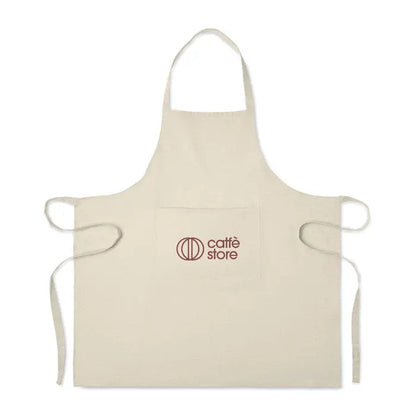 Sort de bucatarie din bumbac reciclat bej cu buzunar frontal si logo caffè store maro