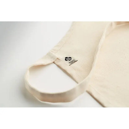 Beige geanta tote din bumbac organic 200 gr/mp cu eticheta neagra organic cotton cusuta pe bretea