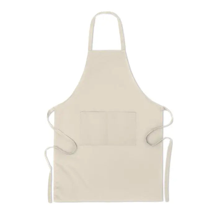 Sort din bumbac organic 200 gr/m² beige cotton apron with central pocket and adjustable ties for kitchen use