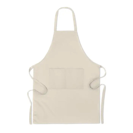 Sort din bumbac organic 200 gr/m² beige cotton apron with central pocket and adjustable ties for kitchen use
