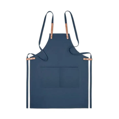 Sort din bumbac organic 340 gr/m² cu șorț bleumarin și bretele din piele naturală de culoare maro deschis