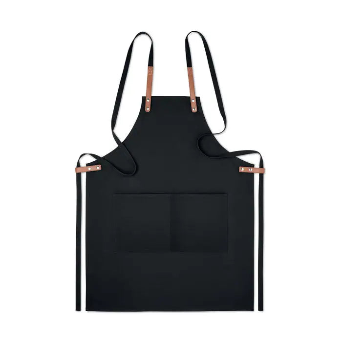 Sort din bumbac organic 340 gr/m² cu șorț negru, curele și accente din piele maro și buzunar frontal divizat