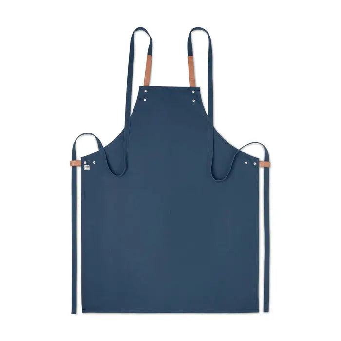 Sort din bumbac organic 340 gr/m² apron navy albastru din panza cu bretele din piele maro si nituri argintii