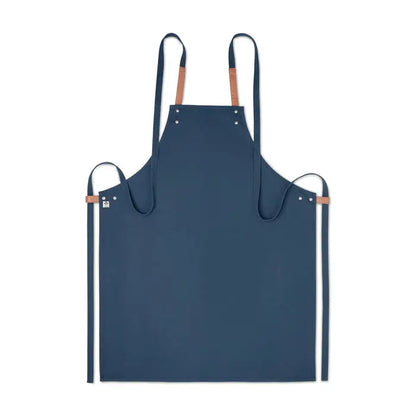Sort din bumbac organic 340 gr/m² apron navy albastru din panza cu bretele din piele maro si nituri argintii