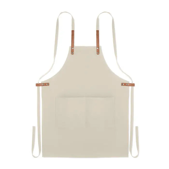 Sort din bumbac organic 340 gr/m² apron crem cu bretele din piele maro cu catarame reglabile