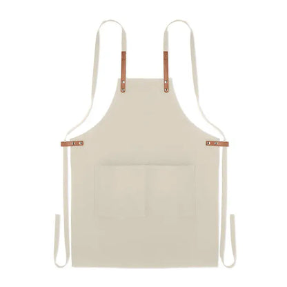 Sort din bumbac organic 340 gr/m² apron crem cu bretele din piele maro cu catarame reglabile