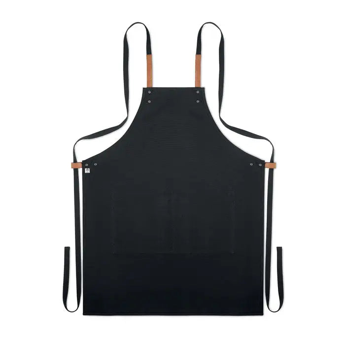 Sort din bumbac organic 340 gr/m² șorț negru din pânză cu bretele din piele maro și legături ajustabile