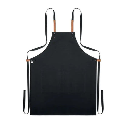 Sort din bumbac organic 340 gr/m² șorț negru din pânză cu bretele din piele maro și legături ajustabile