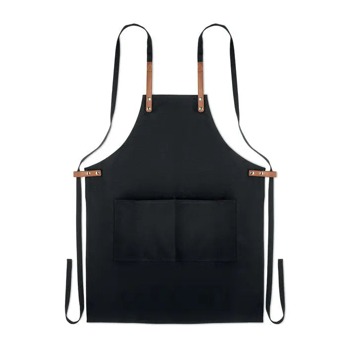 Sort din bumbac organic 340 gr/m² cu șorț negru din pânză și bretele din piele maro deschis