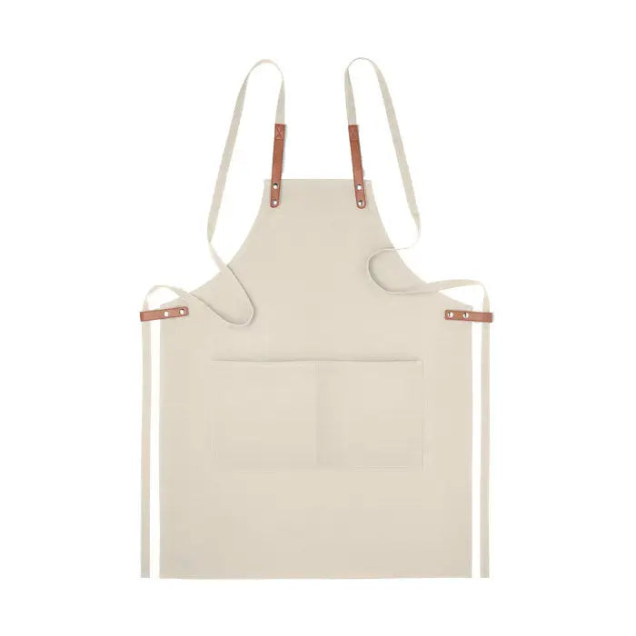 Sort din bumbac organic 340 gr/m² beige apron din canvas cu bretele din piele maro si buzunar frontal simplu