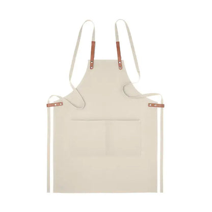 Sort din bumbac organic 340 gr/m² beige apron din canvas cu bretele din piele maro si buzunar frontal simplu