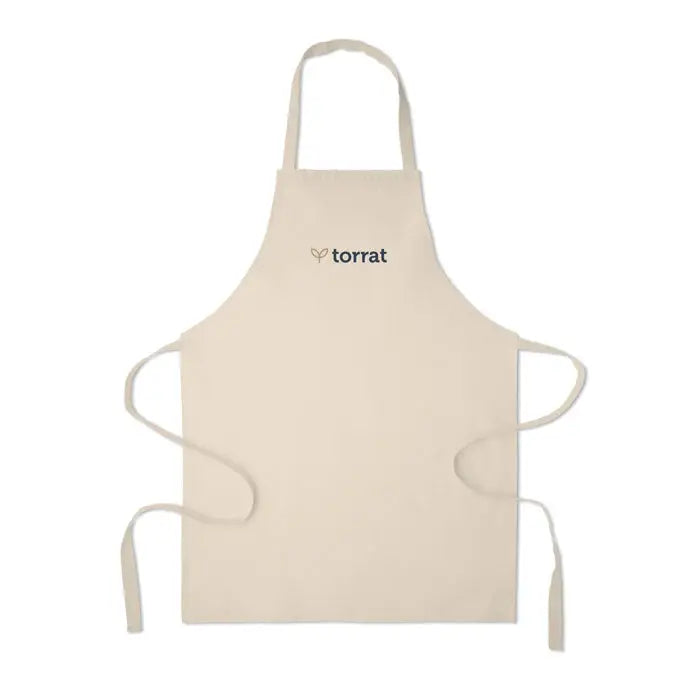 Sort din bumbac reciclat beige cotton apron with subtle dark gray torrat logo embroidered near top center