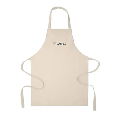 Sort din bumbac reciclat beige cotton apron with subtle dark gray torrat logo embroidered near top center
