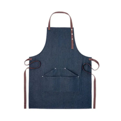 Sort din denim 240 gr/m² cu smoc bleumarin, bretele din piele maro si nituri metalice argintii