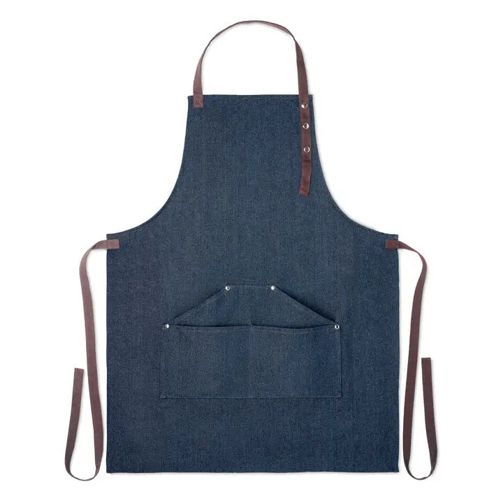 Sort din denim 240 gr/m² apron in dark blue denim with brown leather straps and silver-toned rivets