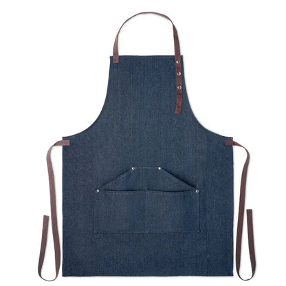 Sort din denim 240 gr/m² apron in dark blue denim with brown leather straps and silver-toned rivets