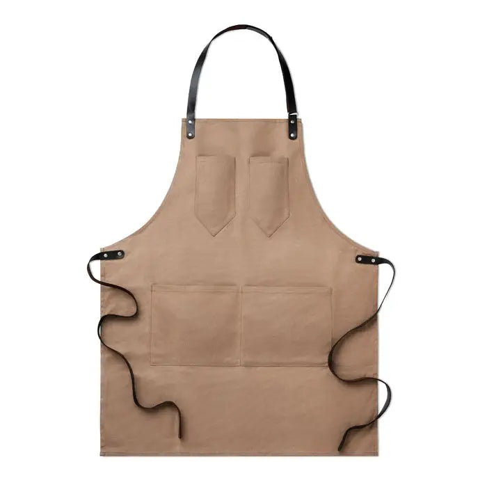 Sort din piele tan canvas apron with black leather straps and reinforced stitching visible from the front