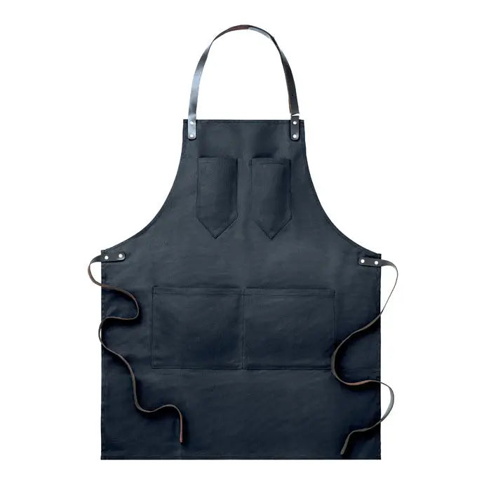 Sort din piele negru din panza cu bretele si buzunare din piele pentru bucatarie sau atelier