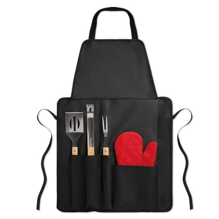 Sort pentru gratar negru din material textil cu buzunare integrate pentru unelte inox si manusa rosie texturata
