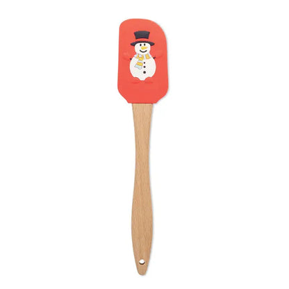 Spatula de silicon roșie cu mâner de lemn și decorațiune cu om de zăpadă vesel pentru crăciun