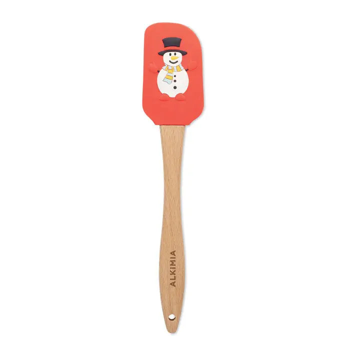 Spatula de silicon rosie cu maner din lemn si decor zambaret de om de zapada pentru craciun