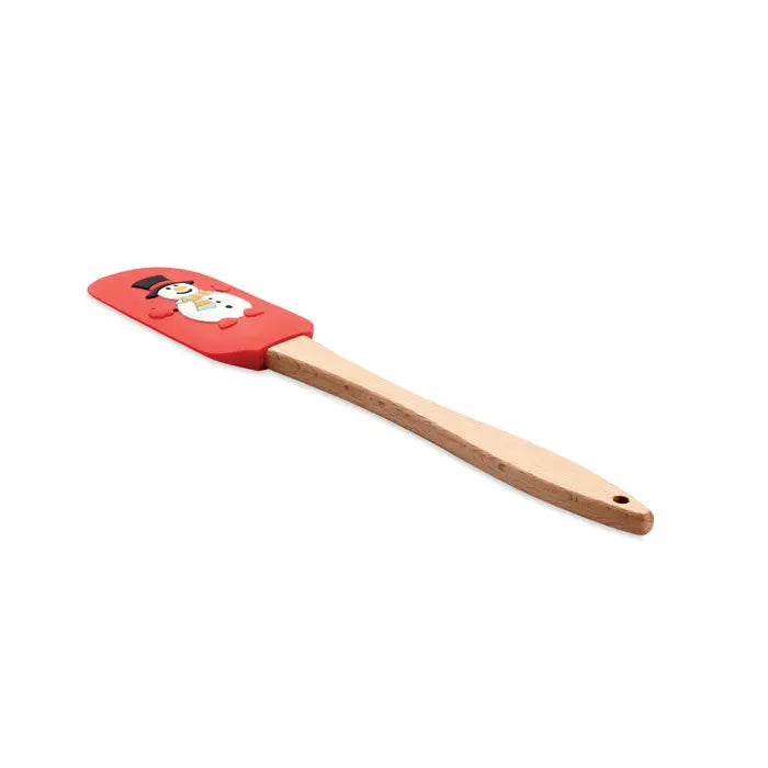 Spatula de silicon de craciun rosie cu maner din lemn si design om de zapada pe capat
