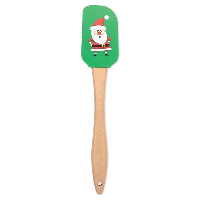 Spatula de silicon verde cu maner de lemn si design mos craciun pentru utilizare de craciun