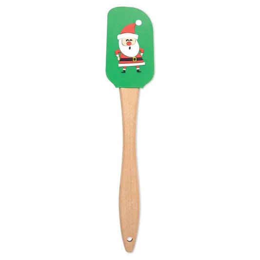 Spatula de silicon verde cu maner de lemn si design mos craciun pentru utilizare de craciun