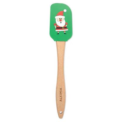 Spatula de silicon de craciun verde cu maner de lemn si design cu mos craciun pentru gatit festin